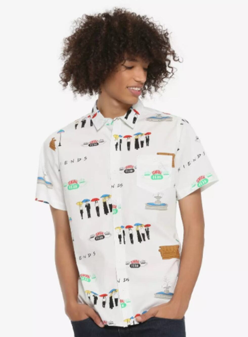BoxLunch Friends TV Show Icons Graphic Button Up Shirt Central Perk 90s Quirky